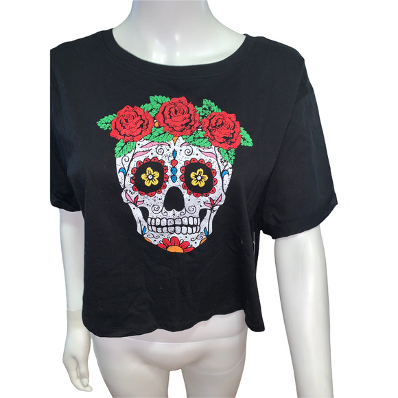 La Luna Black Skull Floral Rose Cropped T shirt XL - Picture 3 of 5